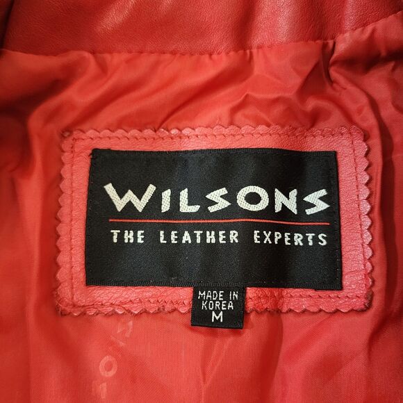 Wilson Red Leather Jacket Womens Size Medium Two Button Waistband Tie READ - Picture 5 of 15